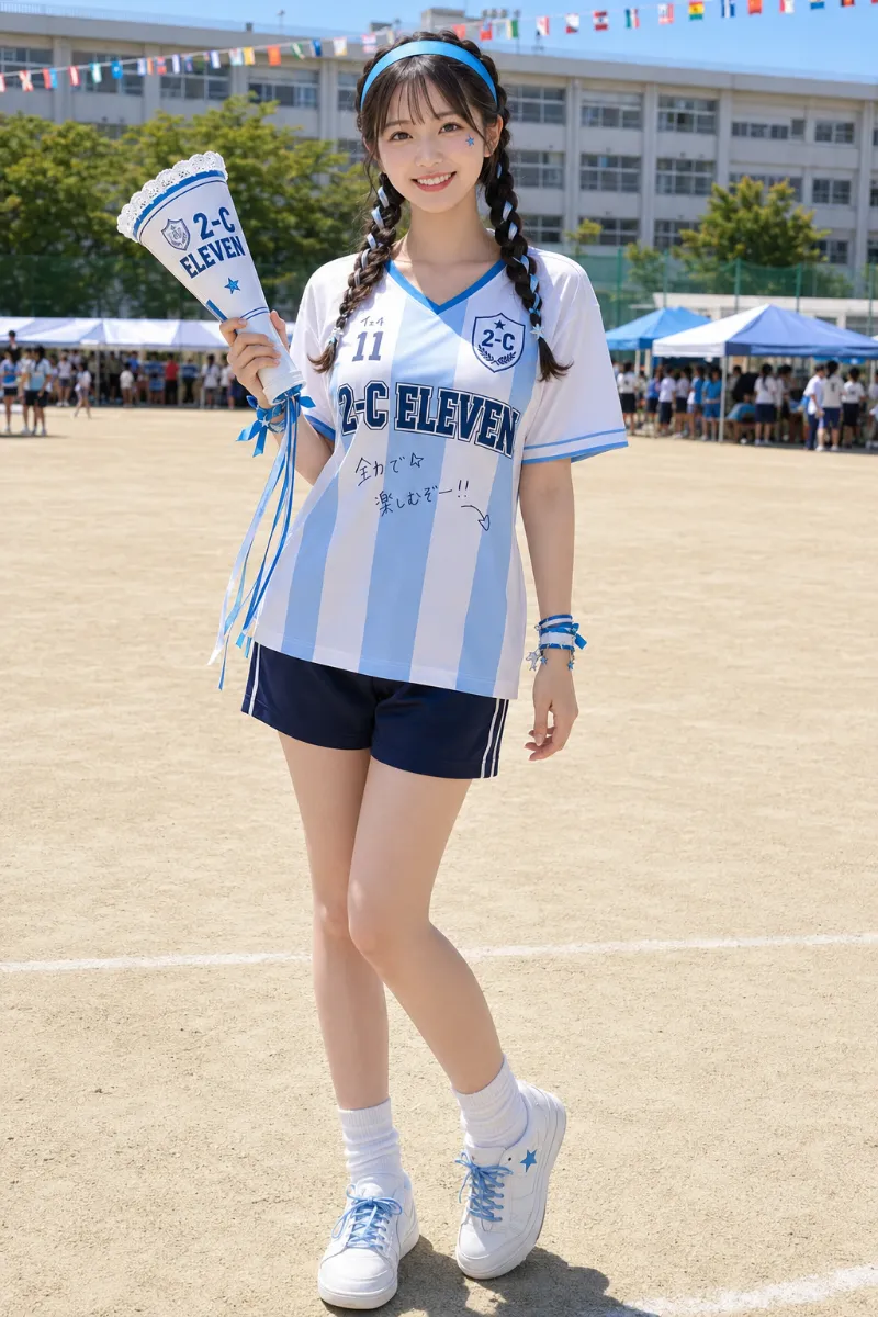 実写AI美女版｜白×サックスブルーのサッカーユニ風クラスTシャツにネイビーハーフパンツ、編み込みツインを合わせた体育祭コーデ