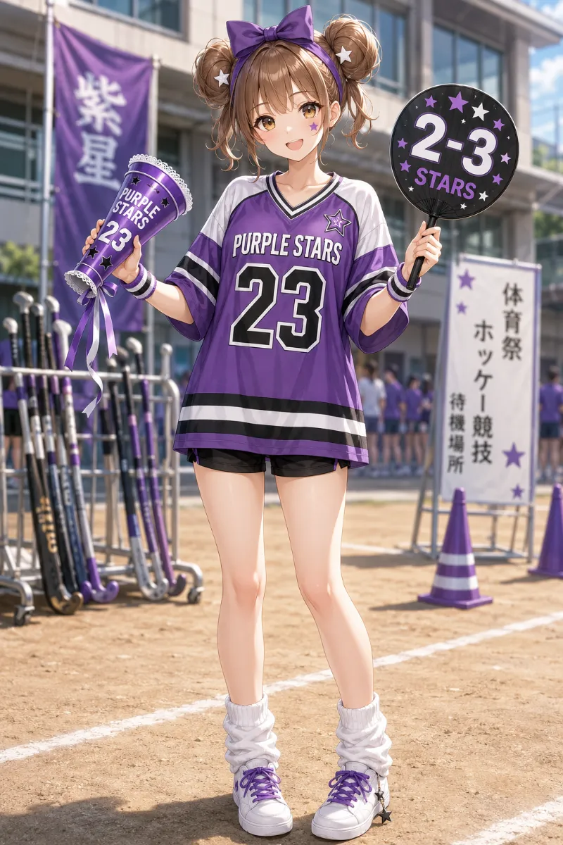 AIイラスト版｜パープルのホッケーユニ風クラスTシャツに黒ショートパンツ、ツインお団子とデコメガホンを合わせた体育祭コーデ