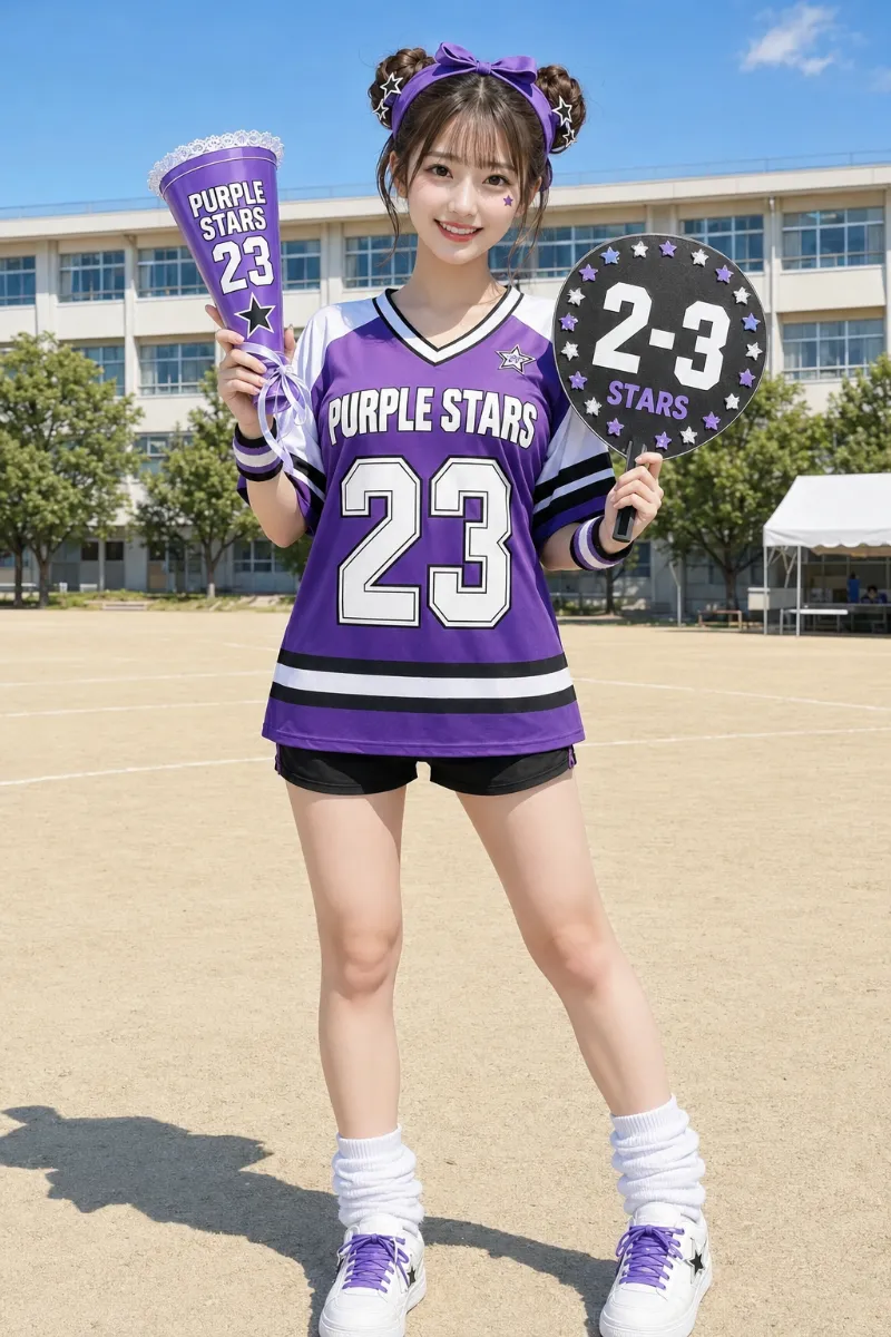 実写AI美女版｜パープルのホッケーユニ風クラスTシャツに黒ショートパンツ、ツインお団子とデコメガホンを合わせた体育祭コーデ