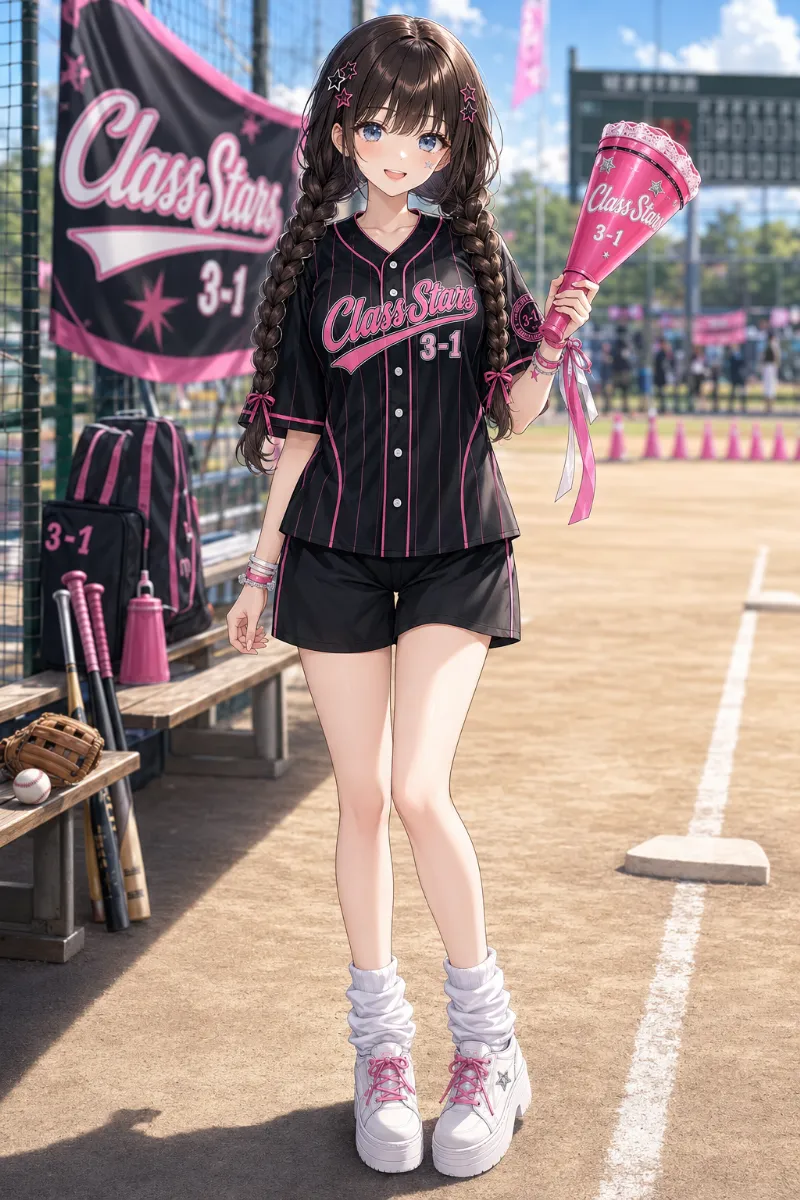 AIイラスト版｜ブラック×ビビッドピンクのベースボールシャツ風クラスTシャツに黒ハーフパンツ、三つ編みツインを合わせた体育祭コーデ