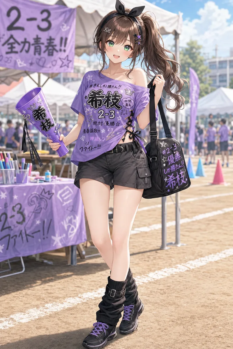 AIイラスト版｜ラベンダーパープルの編み上げクラスTシャツにカーゴショートパンツ、黒猫耳はちまきとデコメガホンを合わせた体育祭コーデ