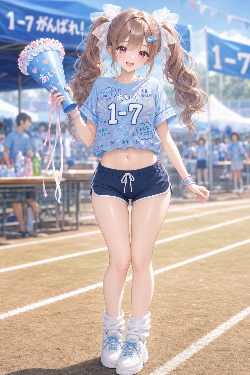 AIイラスト版｜サックスブルーの手描きクラスTシャツに濃紺ショートパンツ、白リボンツインテールとデコメガホンを合わせた体育祭コーデ