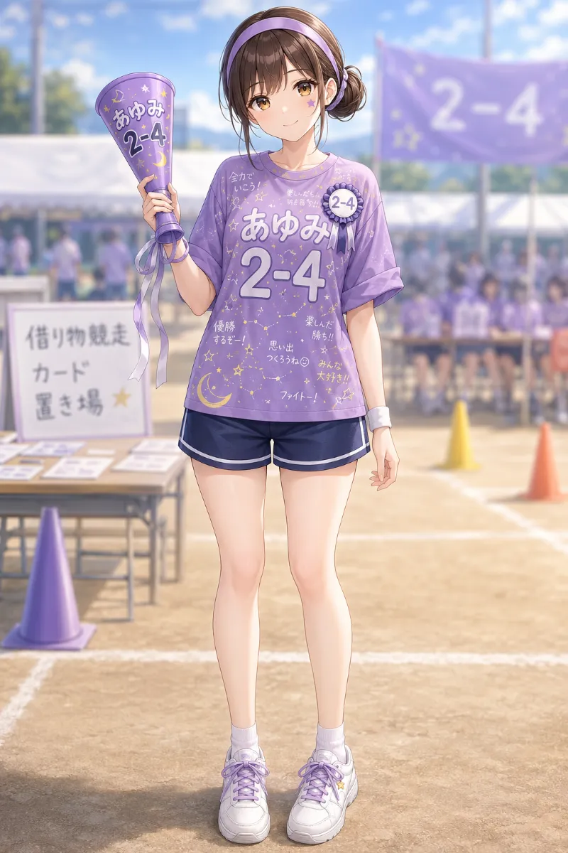 AIイラスト版｜ラベンダーの星座風クラスTシャツに濃紺キュロット、低めお団子と星型ロゼットを合わせた体育祭コーデ