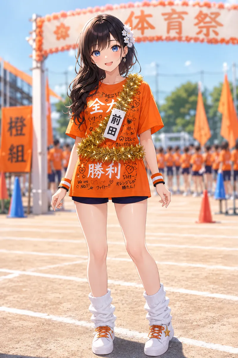 AIイラスト版｜ビビッドオレンジの手描きクラスTシャツに短めショートパンツ、白花飾りと金モールを合わせた体育祭コーデ