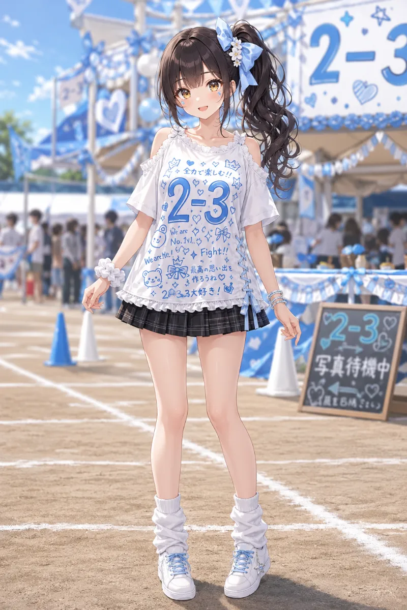 AIイラスト版｜白×水色のフリル付きリメイククラスTシャツにチェック柄プリーツスカート、サイドポニーを合わせた体育祭コーデ