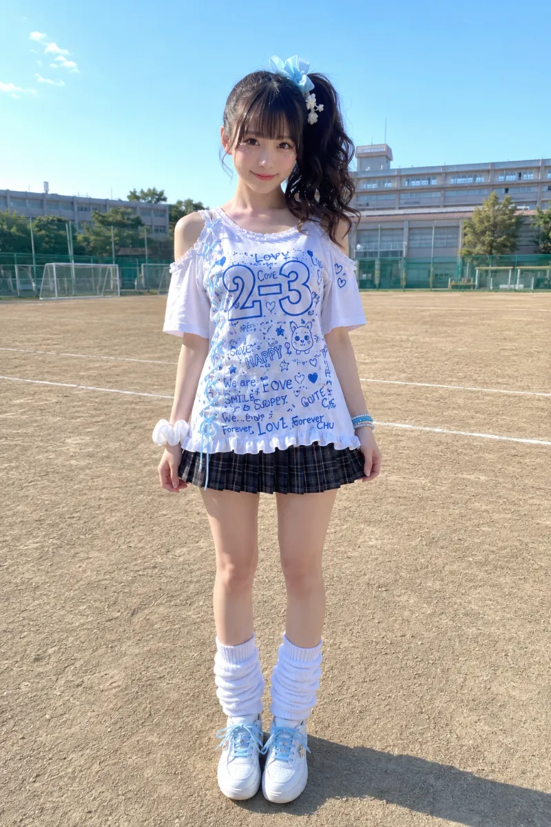 実写AI美女版｜白×水色のフリル付きリメイククラスTシャツにチェック柄プリーツスカート、サイドポニーを合わせた体育祭コーデ