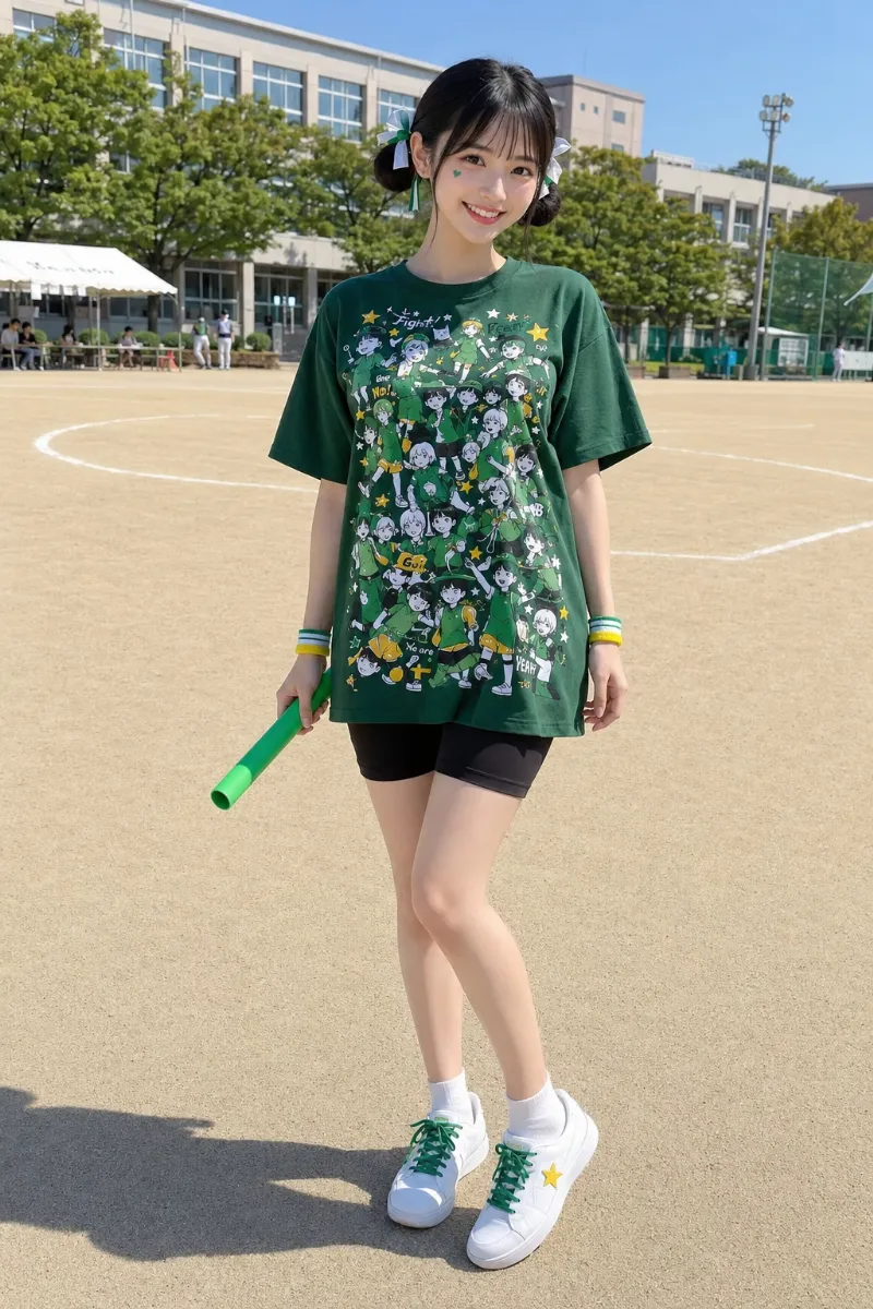 実写AI美女版｜アイビーグリーンの総柄クラスTシャツに黒バイカーパンツ、低めツインお団子とリレー用バトンを合わせた体育祭コーデ