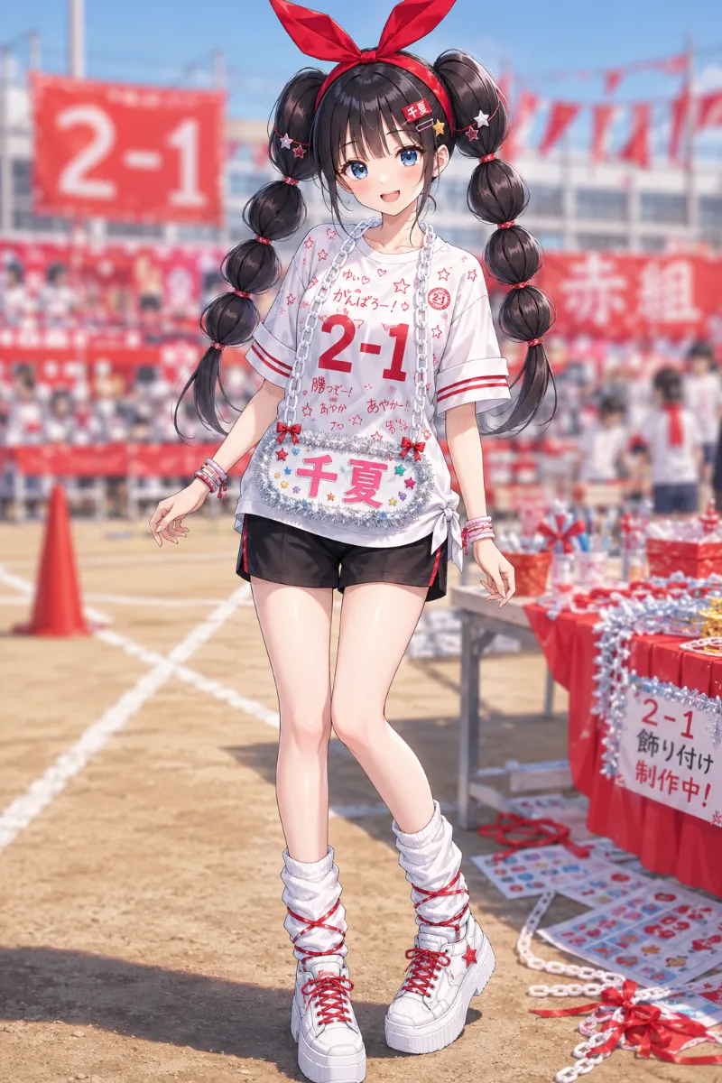 AIイラスト版｜白赤の手描きクラスTシャツに黒ハーフパンツ、玉ねぎツインと首掛けデコネームプレートを合わせた体育祭コーデ