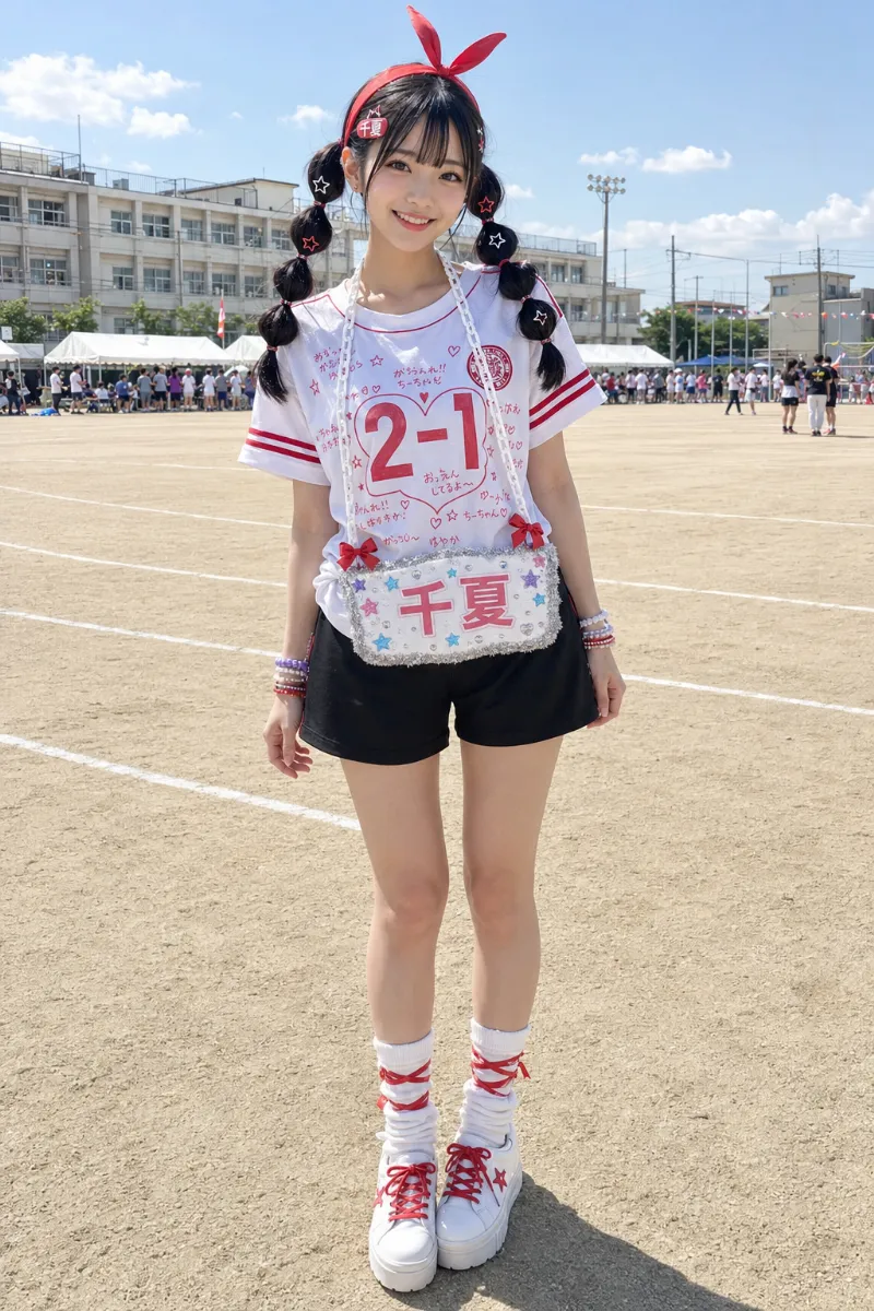 実写AI美女版｜白赤の手描きクラスTシャツに黒ハーフパンツ、玉ねぎツインと首掛けデコネームプレートを合わせた体育祭コーデ