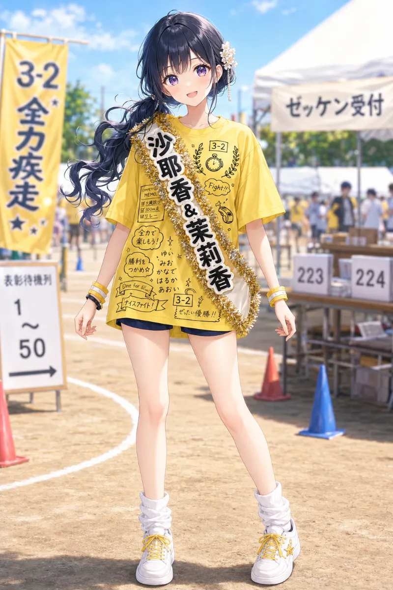 AIイラスト版｜レモンイエローの線画調クラスTシャツに短めショートパンツ、白花飾りと金モールネームたすきを合わせた体育祭コーデ