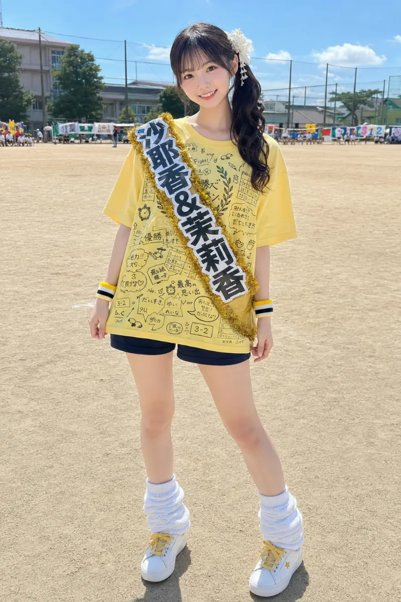実写AI美女版｜レモンイエローの線画調クラスTシャツに短めショートパンツ、白花飾りと金モールネームたすきを合わせた体育祭コーデ