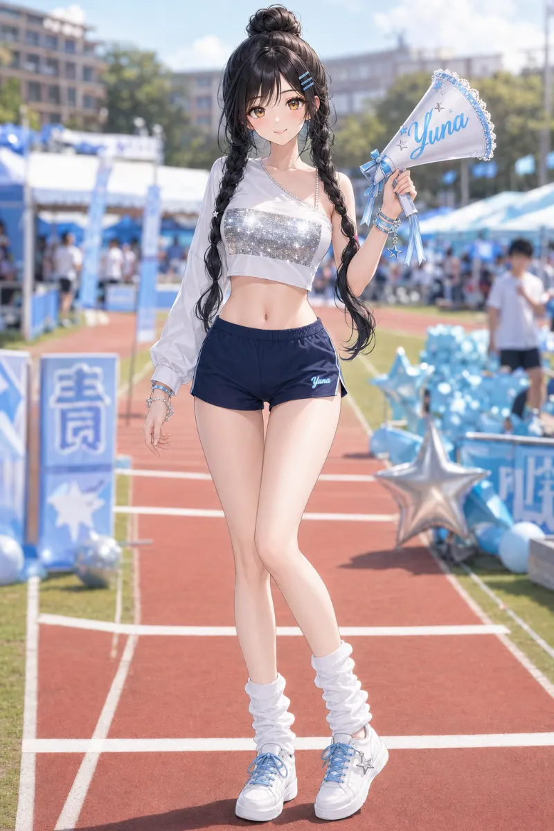 AIイラスト版｜白シルバーの肩出しクロップドトップスにネイビーショートパンツ、高めお団子とデコメガホンを合わせた体育祭コーデ