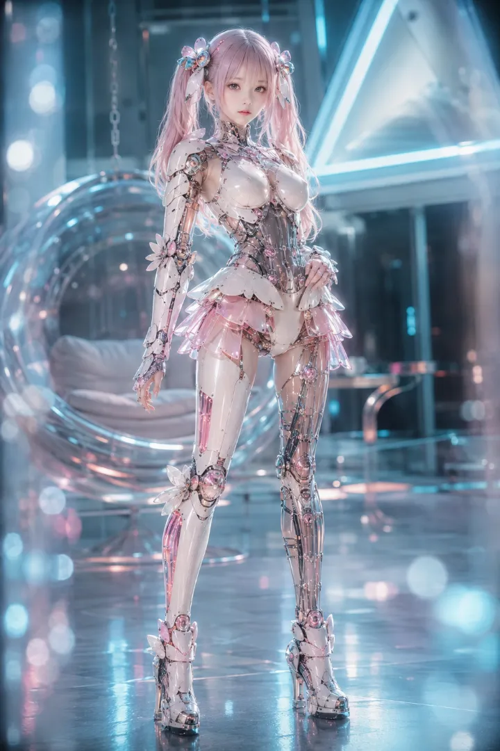 実写AI美女版｜白いボディスーツにピンクの花びらスカートを組み合わせたアンドロイド少女
