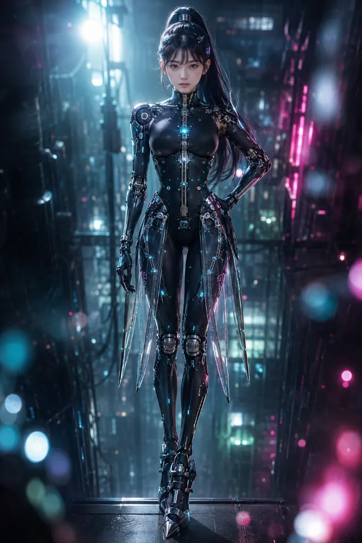 実写AI美女版｜黒いボディスーツに水色の発光ラインと腰の透明パネルを組み合わせたアンドロイド少女