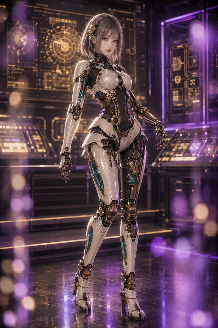 実写AI美女版｜アイボリーのボディスーツにブロンズのメカアームを組み合わせたアンドロイド少女