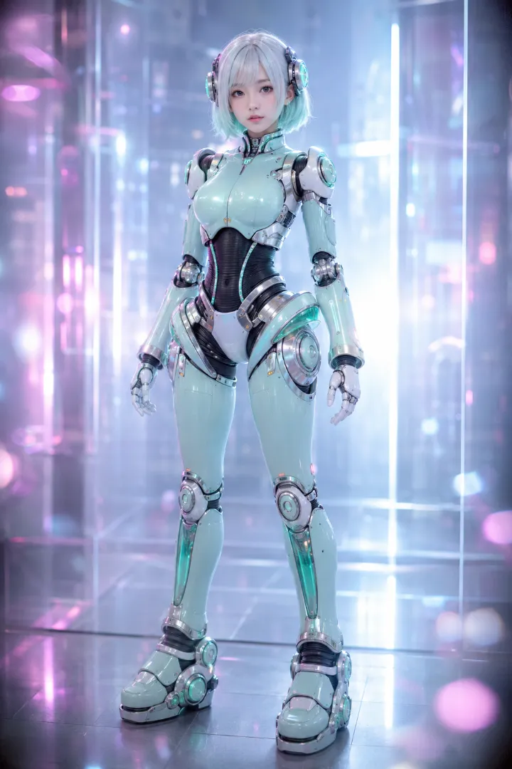 実写AI美女版｜ミント色のボディスーツに腰の羽根型パーツを組み合わせたアンドロイド少女