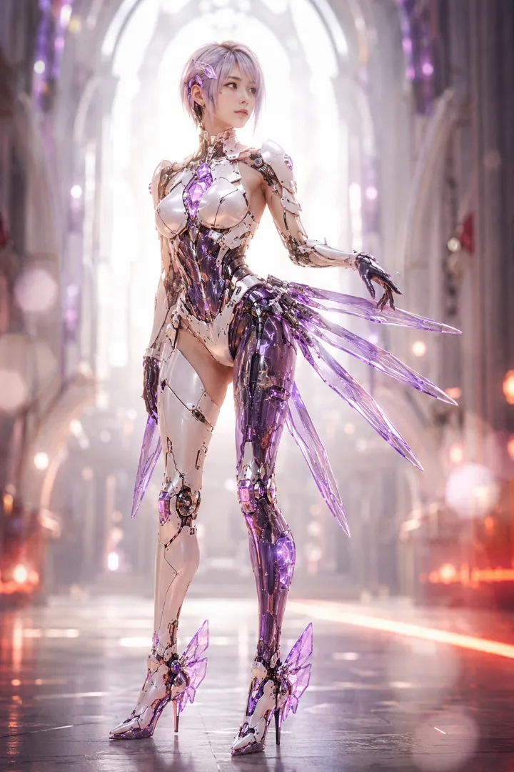 実写AI美女版｜白いボディスーツに腰から広がる紫のクリスタルパーツを組み合わせたアンドロイド少女