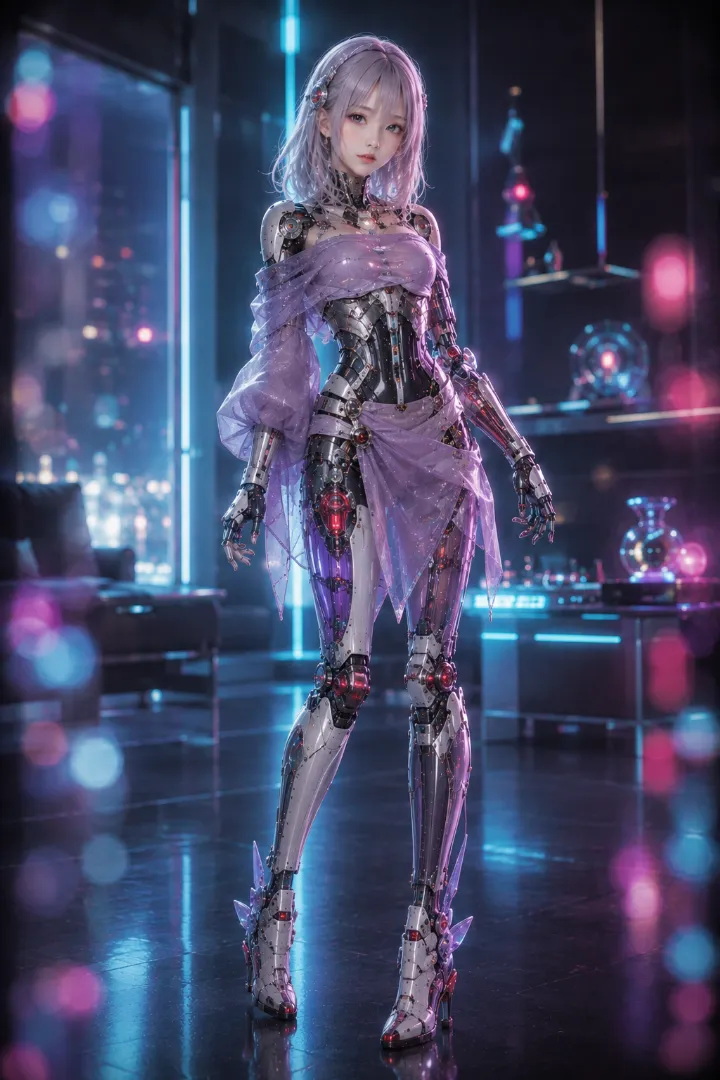 実写AI美女版｜紫のオフショルダーと片袖のボリュームスリーブ、腰布を組み合わせたアンドロイド少女