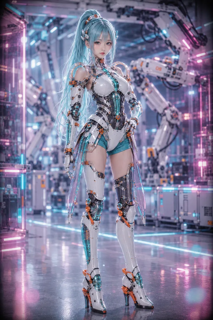 実写AI美女版｜白いボディスーツに水色のショートパンツを組み合わせたアンドロイド少女