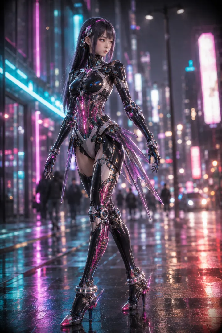 実写AI美女版｜光沢のある黒いボディスーツにマゼンタの発光ラインを入れたアンドロイド少女