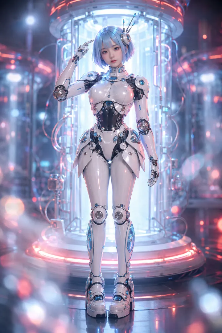実写AI美女版｜白と水色のボディスーツに花びらスカートを組み合わせたアンドロイド少女