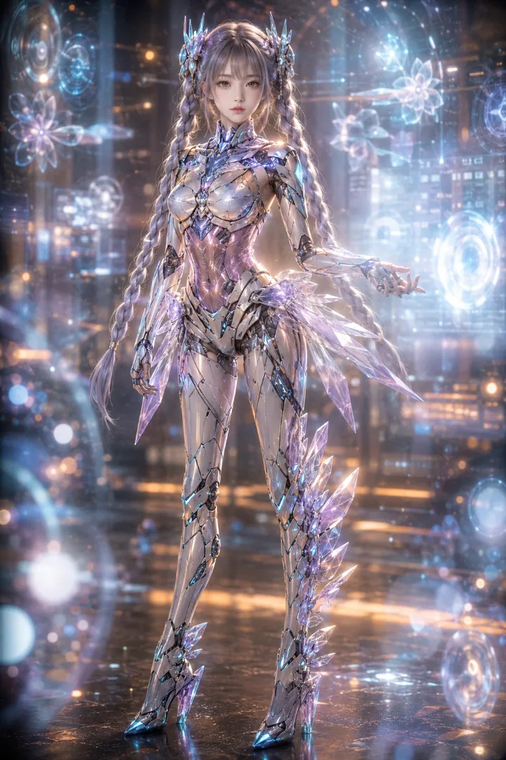 実写AI美女版｜シルバーのクリスタルボディに紫の腰飾りを組み合わせたアンドロイド少女