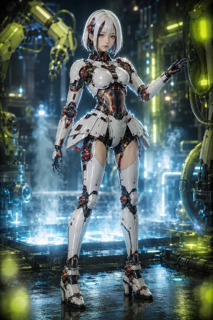 実写AI美女版｜白いボディスーツにフレアミニスカート型の外装を組み合わせたアンドロイド少女