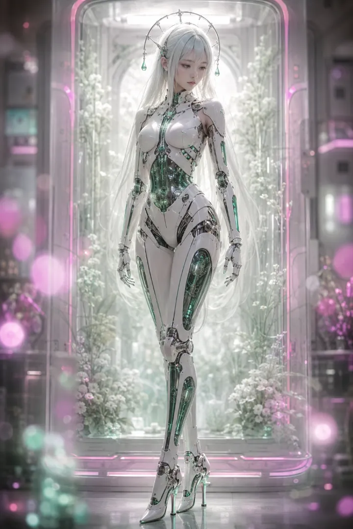 実写AI美女版｜白いボディスーツに緑の透明パネルを取り入れたアンドロイド少女