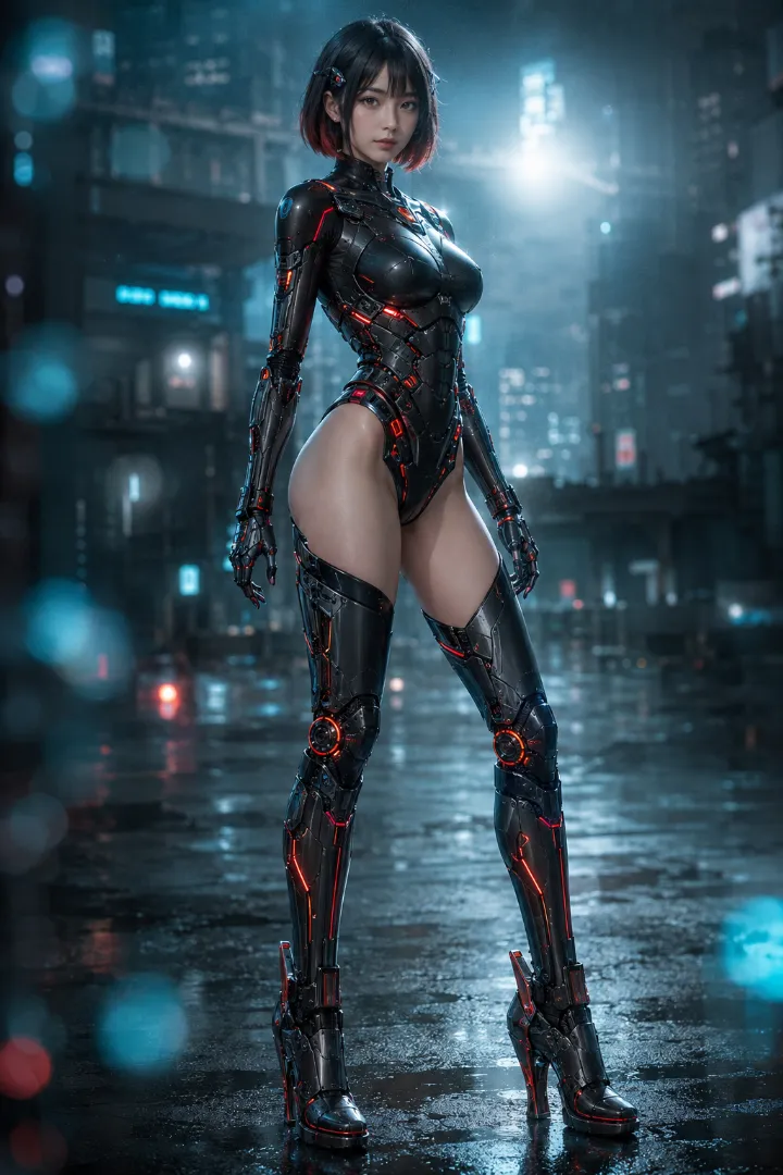 実写AI美女版｜黒いボディスーツに赤い発光ラインを入れたアンドロイド少女