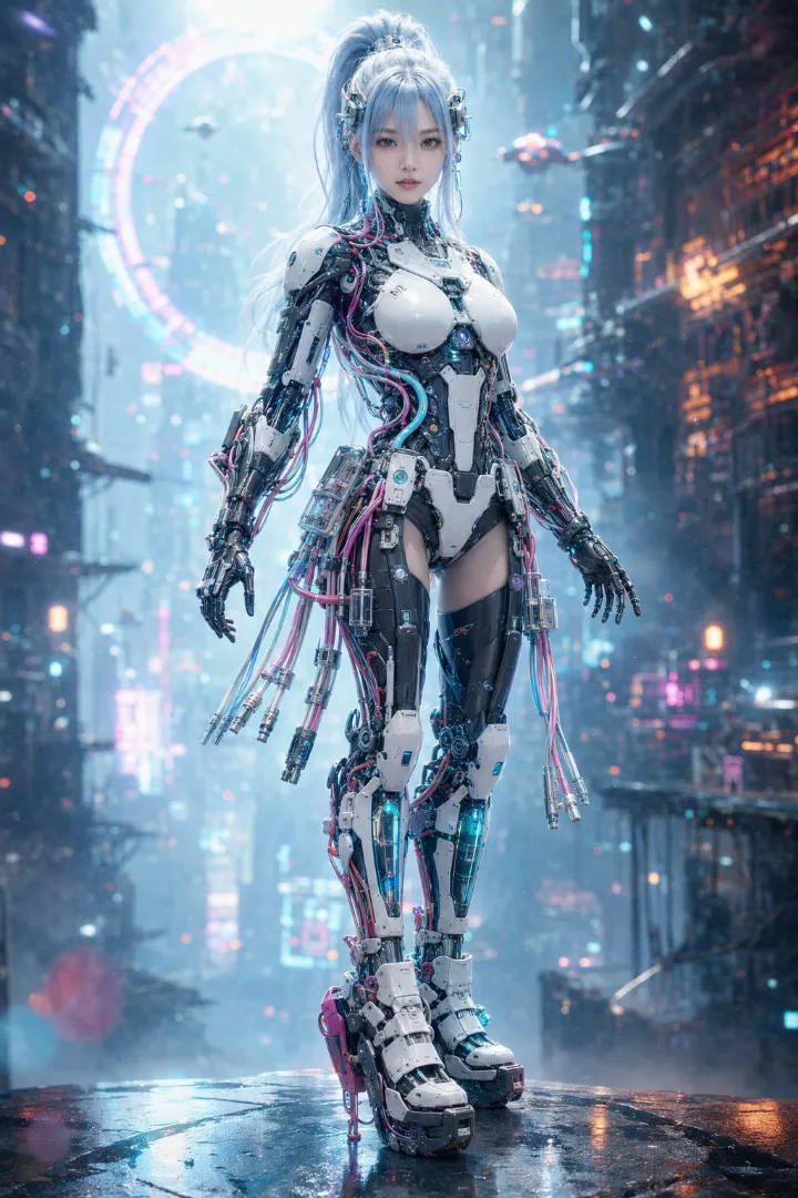 実写AI美女版｜白いボディスーツに水色とマゼンタのケーブルを巡らせたアンドロイド少女
