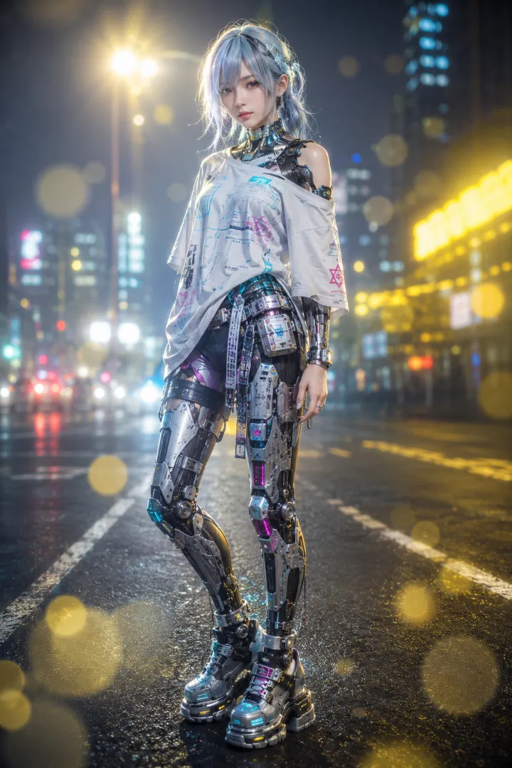 実写AI美女版｜シルバーのメカボディにオフショルダーの白いTシャツを重ねたアンドロイド少女