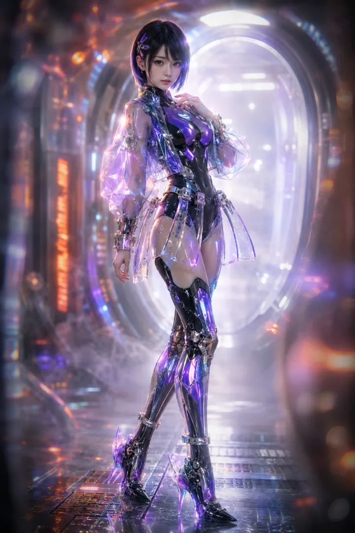 実写AI美女版｜黒いボディスーツに紫の縁取りがある透明ジャケットを重ねたアンドロイド少女