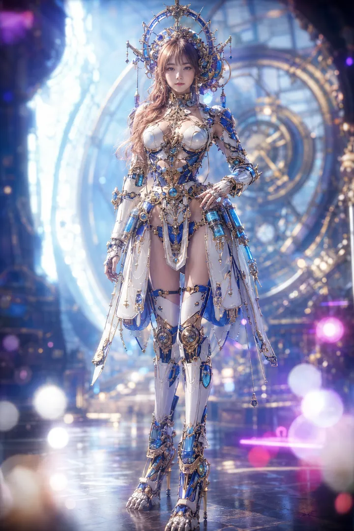 実写AI美女版｜白と青のボディスーツにミニスカートと金色の装飾を組み合わせたアンドロイド少女