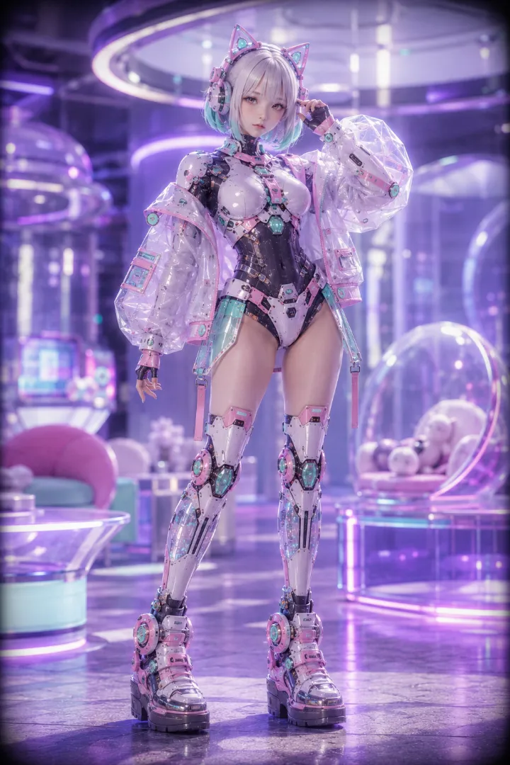 実写AI美女版｜白とピンクのボディスーツに透明ジャケットを重ねたアンドロイド少女
