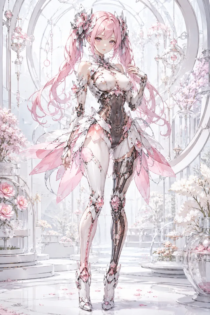 AIイラスト版｜白いボディスーツにピンクの花びらスカートを組み合わせたアンドロイド少女