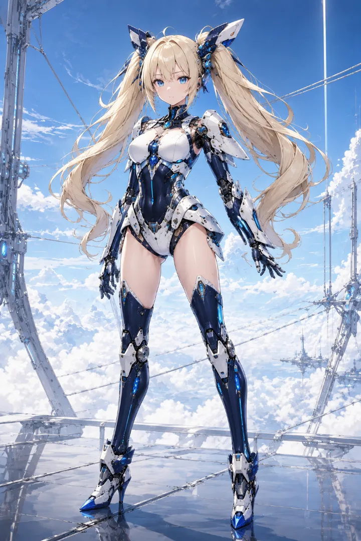 AIイラスト版｜ネイビーのコルセットに白いミニスカート型の外装を組み合わせたアンドロイド少女