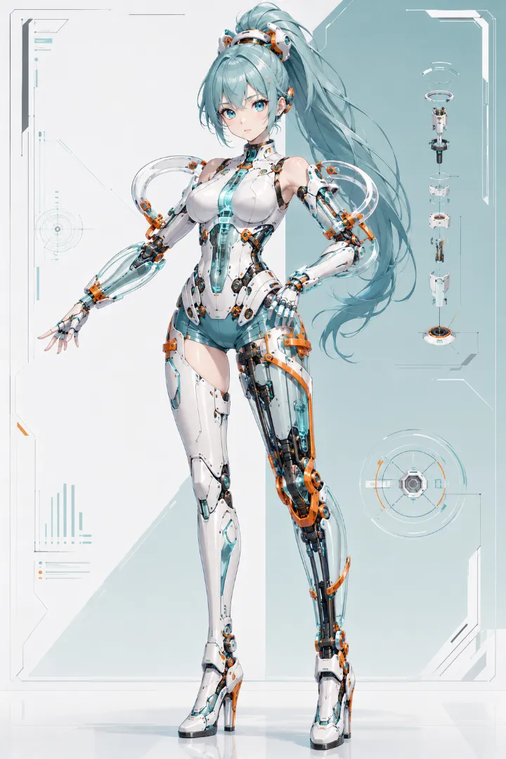 AIイラスト版｜白いボディスーツに水色のショートパンツを組み合わせたアンドロイド少女