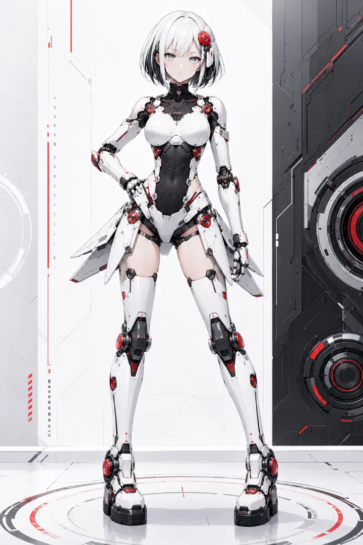 AIイラスト版｜白いボディスーツにフレアミニスカート型の外装を組み合わせたアンドロイド少女
