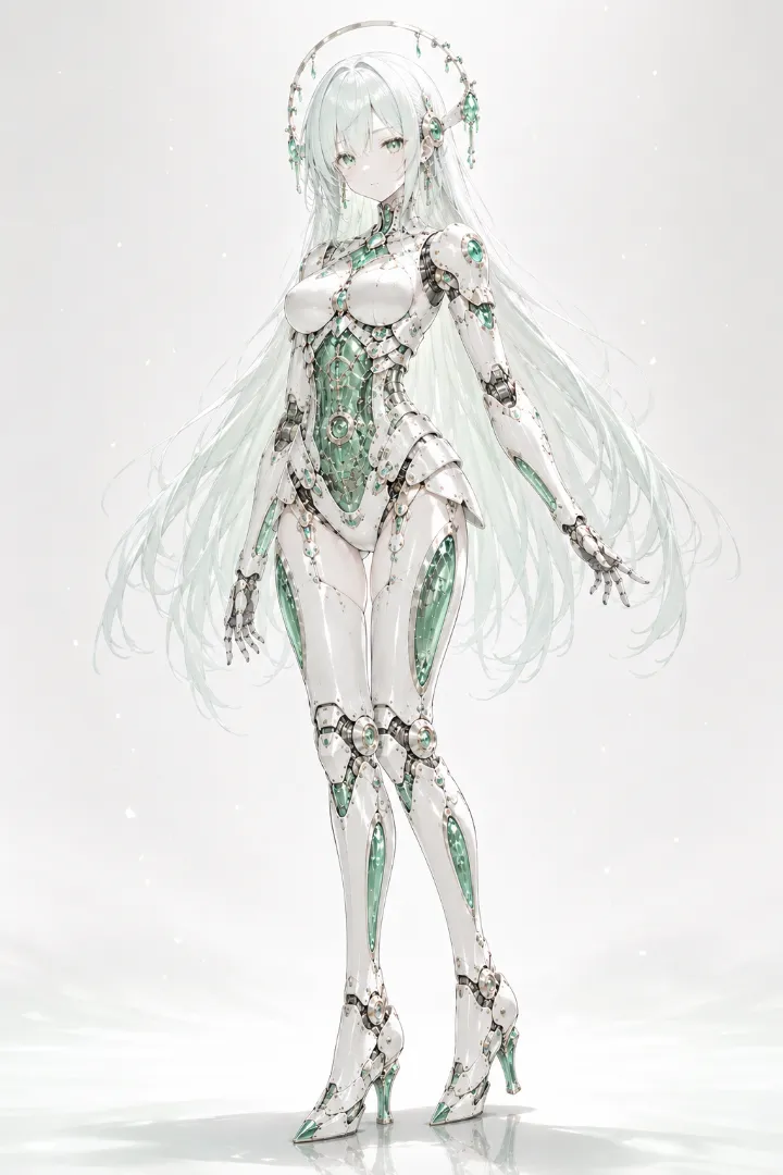 AIイラスト版｜白いボディスーツに緑の透明パネルを取り入れたアンドロイド少女