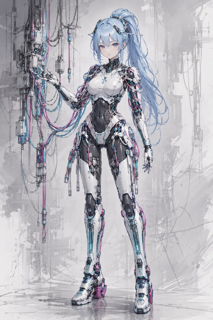 AIイラスト版｜白いボディスーツに水色とマゼンタのケーブルを巡らせたアンドロイド少女