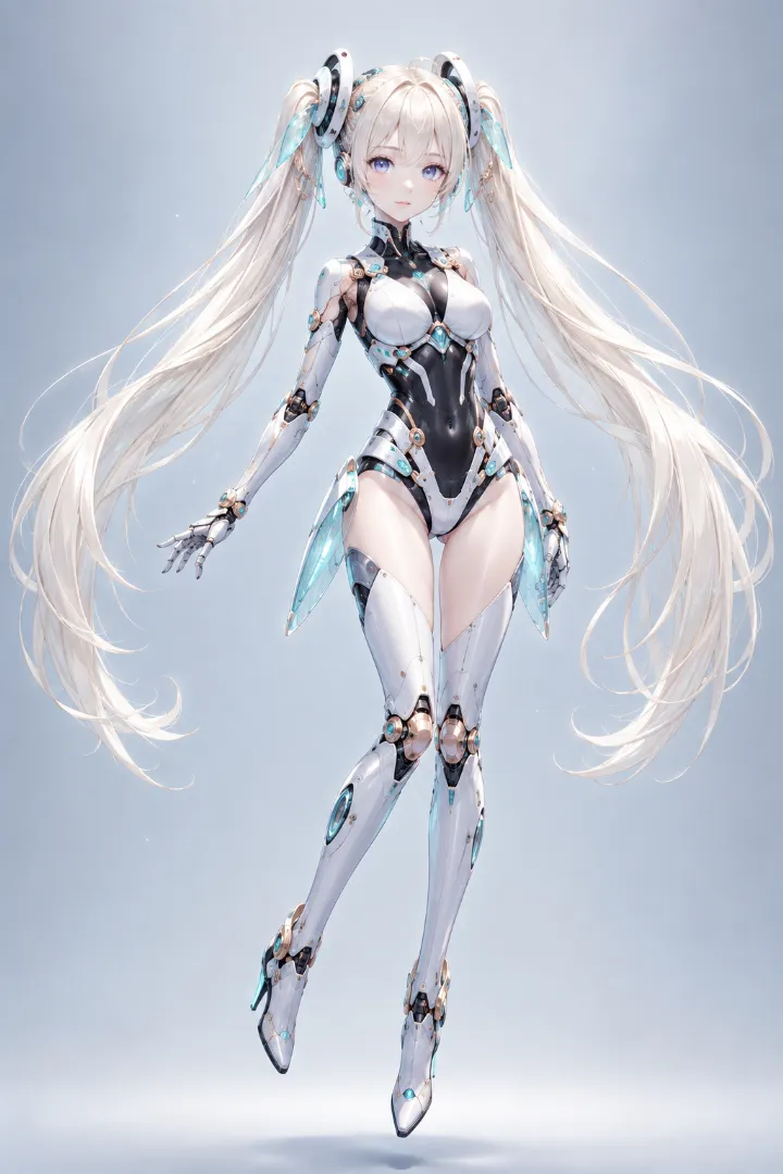 AIイラスト版｜白黒のボディスーツにハイレグショーツ型の腰まわりを組み合わせたアンドロイド少女