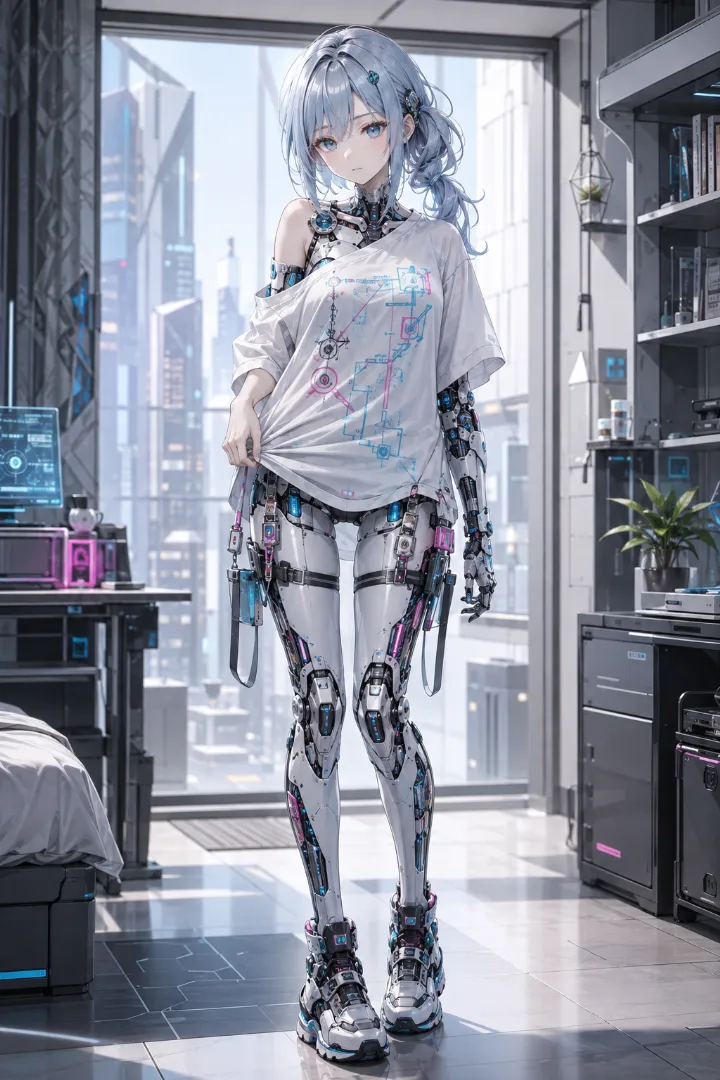 AIイラスト版｜シルバーのメカボディにオフショルダーの白いTシャツを重ねたアンドロイド少女