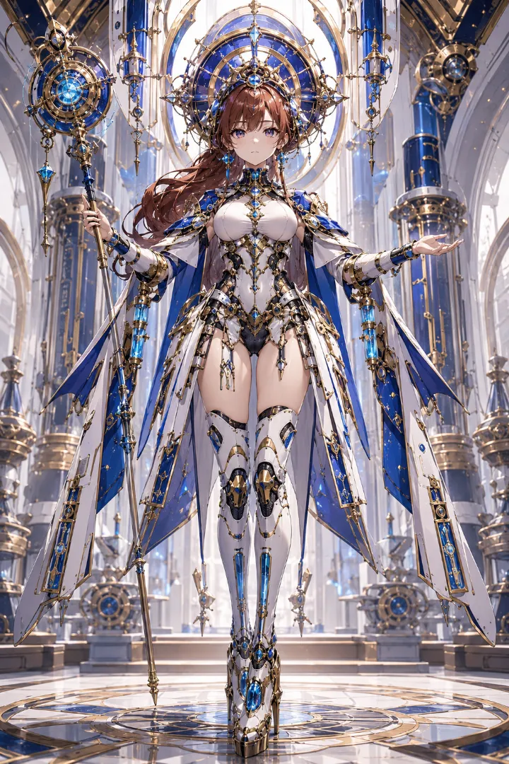 AIイラスト版｜白と青のボディスーツにミニスカートと金色の装飾を組み合わせたアンドロイド少女