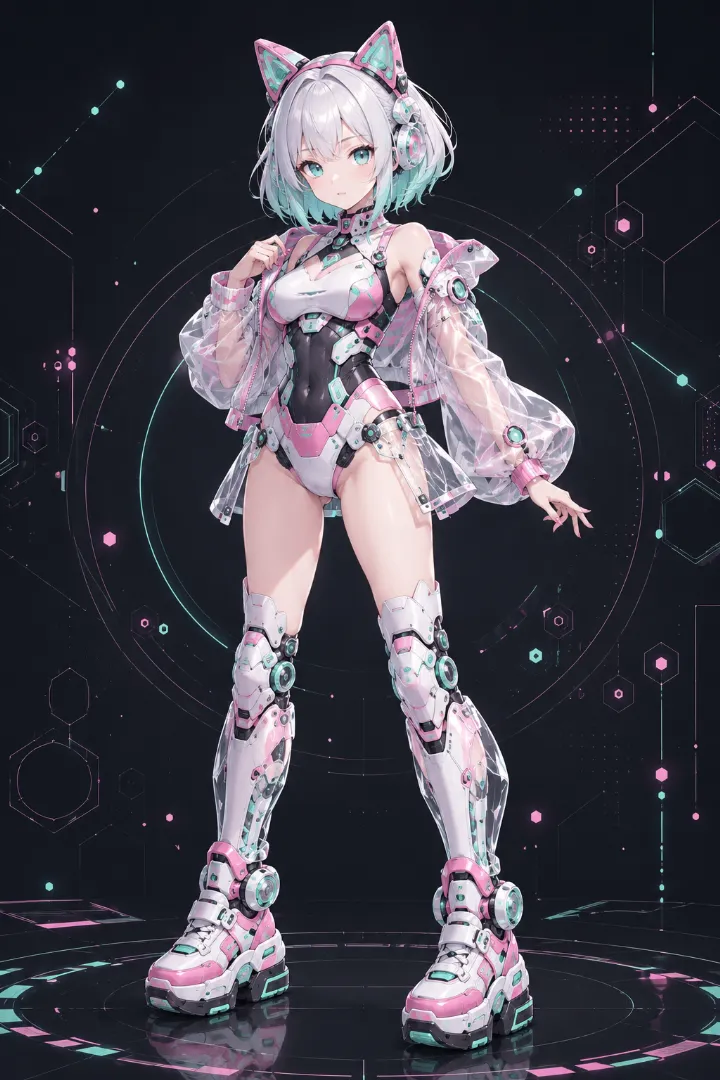 AIイラスト版｜白とピンクのボディスーツに透明ジャケットを重ねたアンドロイド少女