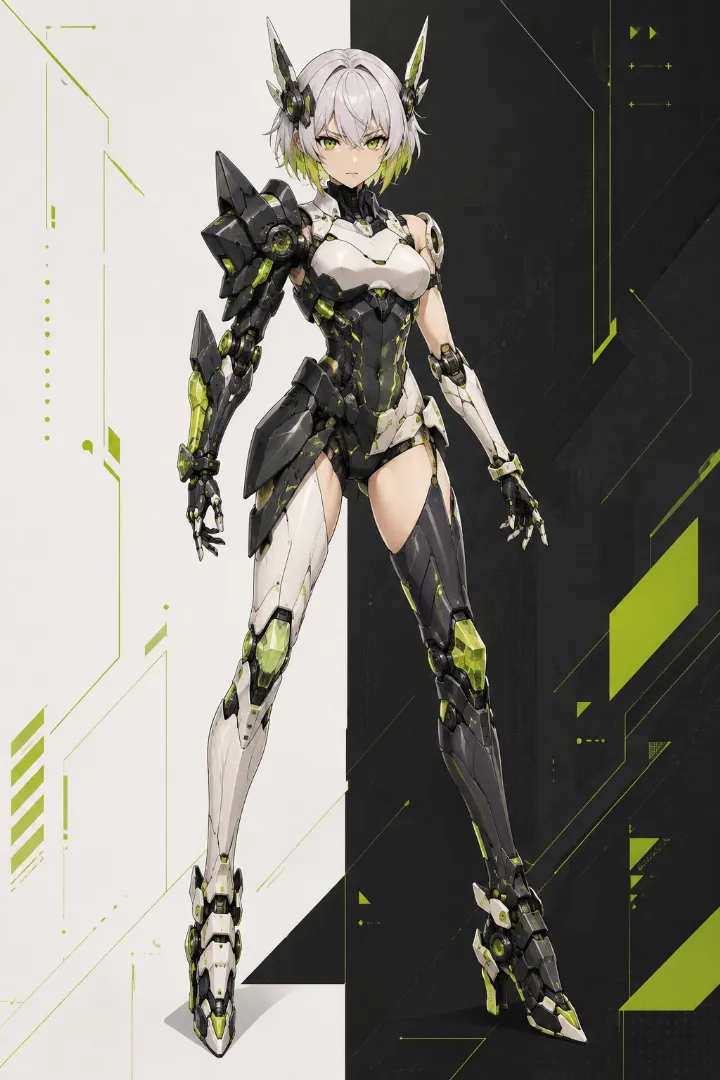 AIイラスト版｜アイボリーと黒のボディスーツに左右非対称の腰パーツを組み合わせたアンドロイド少女