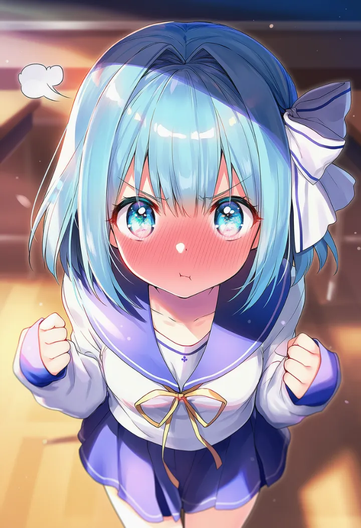 頬を膨らませて可愛く怒るキャラクターのAIイラスト