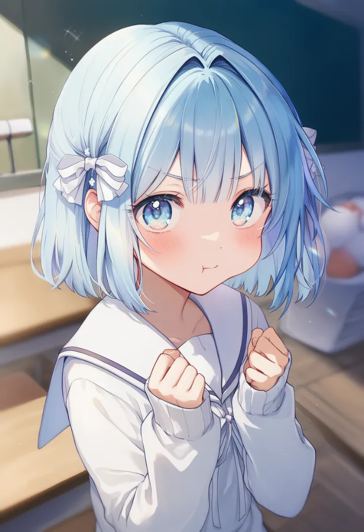 萌え袖で両拳を上げてあざとく怒るキャラクターのAIイラスト