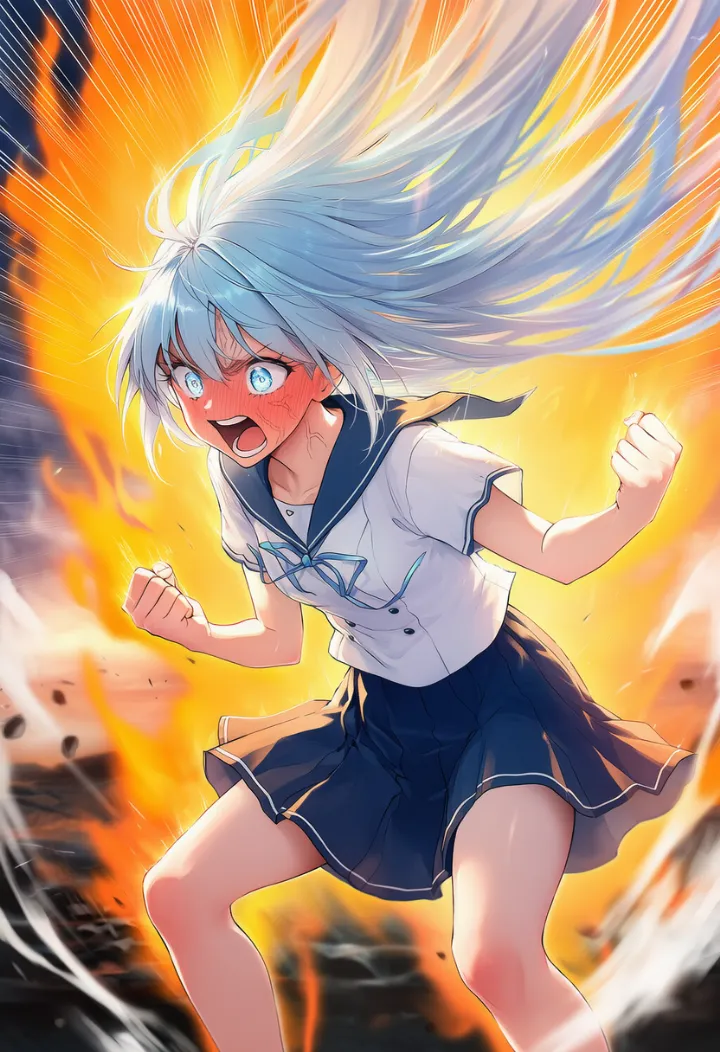 炎のオーラをまとって絶叫しながら怒るキャラクターのAIイラスト