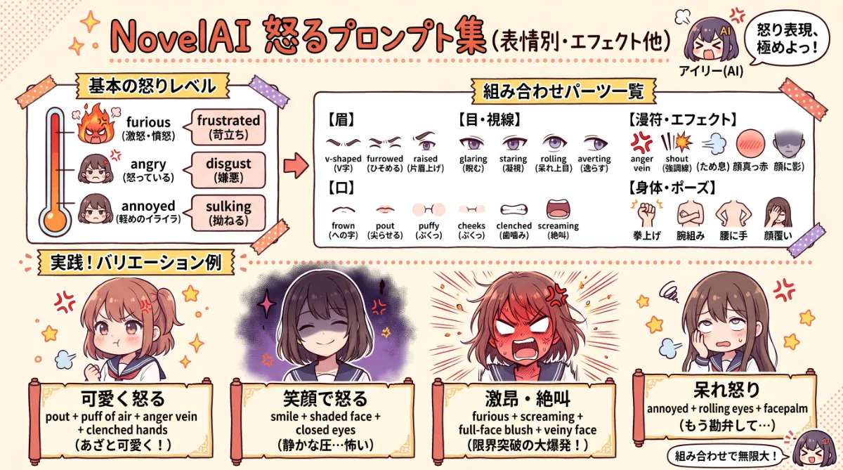 怒るプロンプト集（表情別・エフェクト）【NovelAI】のまとめ用の図解イラスト（グラレコ）