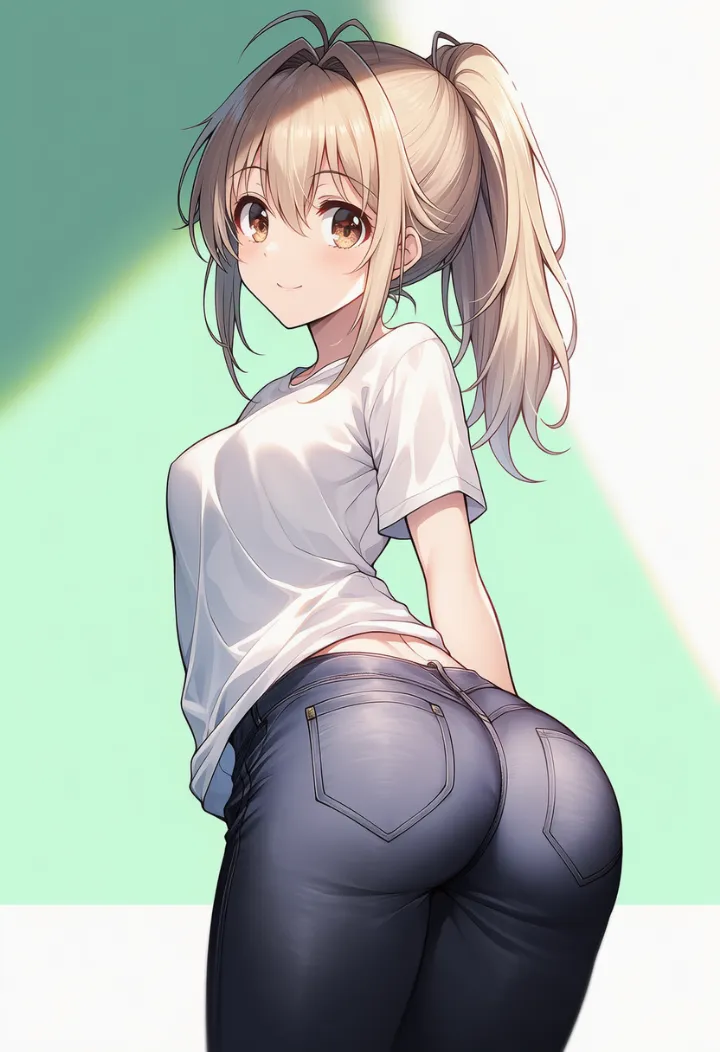 背中を反らせ、お尻側から振り返る女性のAIイラスト